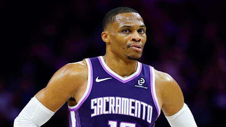 Dec 23, 2025; Sacramento, California, USA; Sacramento Kings guard Russell Westbrook (18) looks on during the second quarter against the Detroit Pistons at Golden 1 Center.
