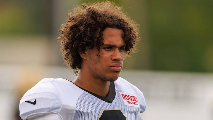Aug 08, 2026; Metairie, LA, USA; New Orleans Saints wide receiver Jordyn Tyson (0) during training camp at Ochsner Sports Performance Center. Mandatory Credit: Stephen Lew-Imagn Images