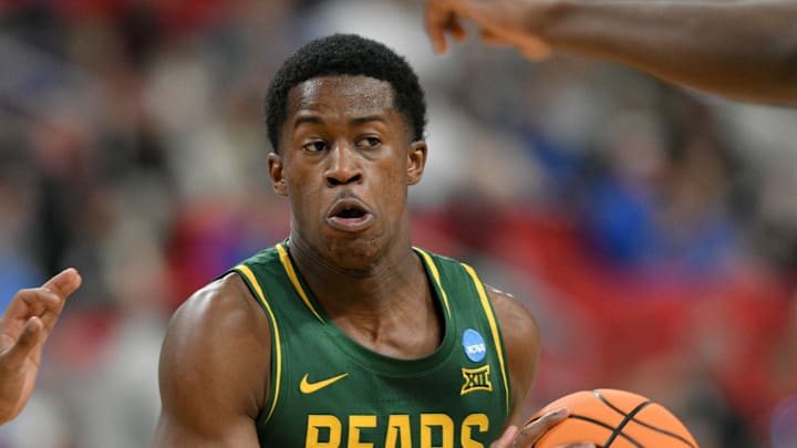 Mar 21, 2025; Raleigh, NC, USA; Baylor Bears guard VJ Edgecombe (7) has the ball against the Mississippi State Bulldogs during the second half in the first round of the NCAA Tournament at Lenovo Center. Mandatory Credit: Zachary Taft-Imagn Images