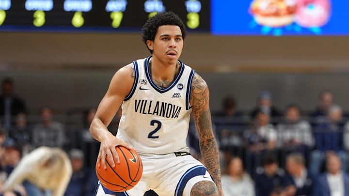 Mar 7, 2026; Villanova, Pennsylvania, USA; Villanova Wildcats guard Bryce Lindsay (2) controls the ball against the Xavier Musketeers in the first half at William B. Finneran Pavilion. Mandatory Credit: Kyle Ross-Imagn Images