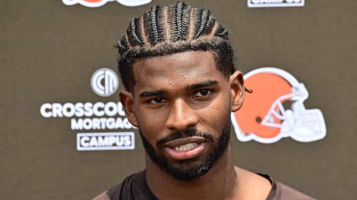 Jun 10, 2025; Berea, OH, USA; Cleveland Browns quarterback Shedeur Sanders (12) talk to the media during minicamp at CrossCountry Mortgage Campus. Mandatory Credit: Ken Blaze-Imagn Images