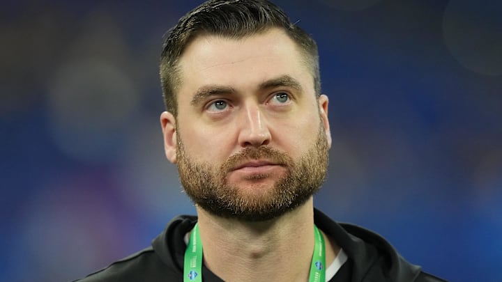 Mar 2, 2024; Indianapolis, IN, USA; New Orleans Saints quarterbacks coach Andrew Janocko during the 2024 NFL Combine at Lucas Oil Stadium. Mandatory Credit: Kirby Lee-Imagn Images
