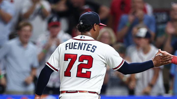 Aug 26, 2026; Cumberland, Georgia, USA;  Atlanta Braves pitcher Didier Fuentes (72) reacts with catcher Sean Murphy (12) against the Los Angeles Dodgers in the eighth inning at Truist Park.  Mandatory Credit: Colin Hubbard-Imagn Images