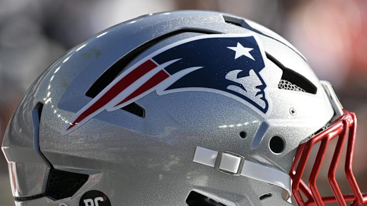Nov 2, 2025; Foxborough, Massachusetts, USA;  Detail view of a New England Patriots helmet prior to the game against the Atlanta Falcons at Gillette Stadium. Mandatory Credit: Eric Canha-Imagn Images