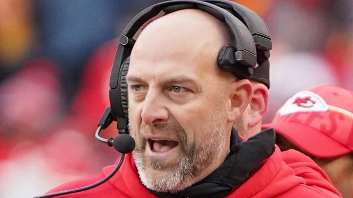 Dec 25, 2023; Kansas City, Missouri, USA; Kansas City Chiefs offensive coordinator Matt Nagy, left, stands next to head coach Andy Ried on field against the Las Vegas Raiders during the second half at GEHA Field at Arrowhead Stadium. Mandatory Credit: Denny Medley-Imagn Images