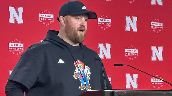 Nebraska defensive coordinator Rob Aurich meets with the media during 2026 spring practices.