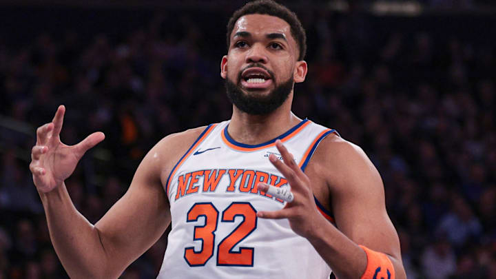 Feb 19, 2026; New York, New York, USA; New York Knicks center Karl-Anthony Towns (32) reacts during the first half against Detroit Pistons at Madison Square Garden. Mandatory Credit: Vincent Carchietta-Imagn Images Feb 19, 2026; New York, New York, USA; New York Knicks center Karl-Anthony Towns (32) reacts during the first half against Detroit Pistons at Madison Square Garden. Mandatory Credit: Vincent Carchietta-Imagn Images