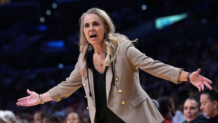 Jul 29, 2025; Los Angeles, California, USA; Las Vegas Aces coach Becky Hammon reacts in the second half against the LA Sparks at the Crypto.com Arena. Mandatory Credit: Kirby Lee-Imagn Images