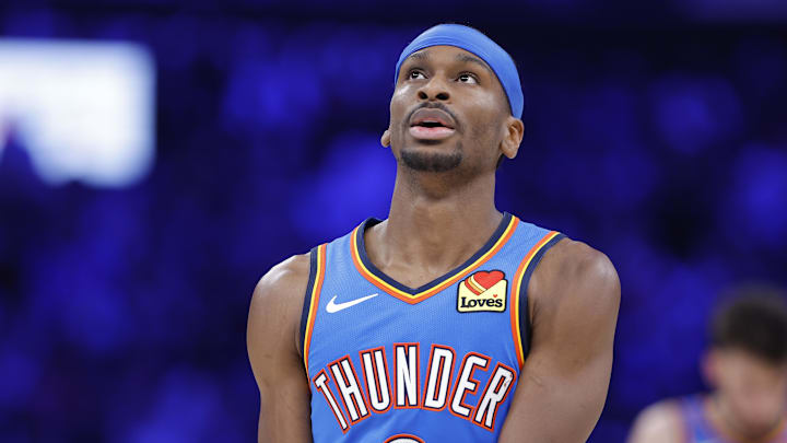 Mar 12, 2026; Oklahoma City, Oklahoma, USA; Oklahoma City Thunder guard Shai Gilgeous-Alexander walks down the court after a play against the Boston Celtics during the fourth quarter at Paycom Center. Mandatory Credit: Alonzo Adams-Imagn Images