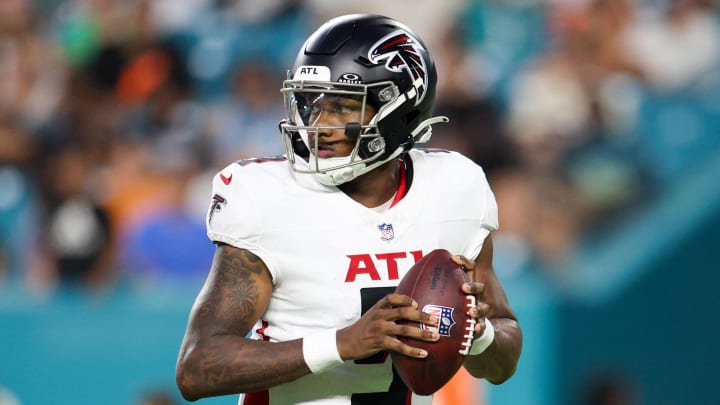 Aug 9, 2024; Miami Gardens, Florida, USA; Atlanta Falcons quarterback Michael Penix Jr. (9) drops back to pass against the Miami Dolphins in the second quarter during preseason at Hard Rock Stadium. 