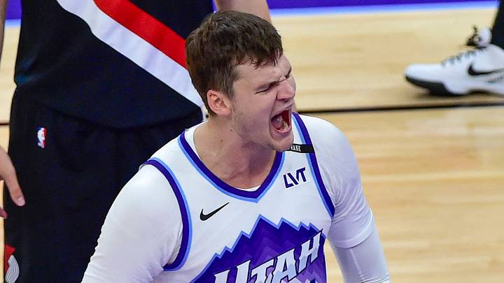 Oct 16, 2025; Salt Lake City, Utah, USA; Utah Jazz center Walker Kessler (24) celebrates after his slam dunk during the second half against the Portland Trail Blazers at Delta Center. Mandatory Credit: Peter Creveling-Imagn Images