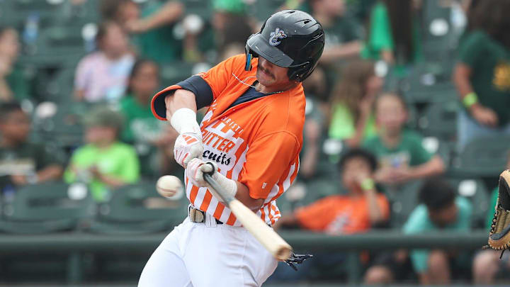Hooks batter Jacob Melton fouls off a ball during Education Day at Whataburger Field, Wednesday, May 8, 2024, in Corpus Christi, Texas. Hooks batter Jacob Melton fouls off a ball during Education Day at Whataburger Field, Wednesday, May 8, 2024, in Corpus Christi, Texas.