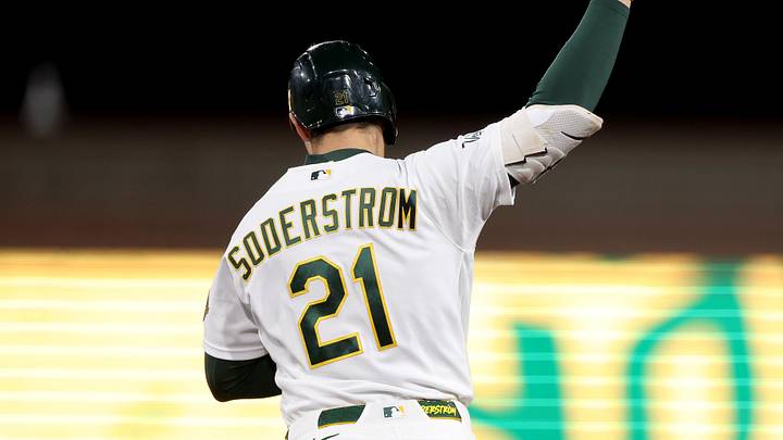 May 26, 2026; West Sacramento, California, USA; Athletics left fielder Tyler Soderstrom (21) reacts after hitting a solo home run against the Seattle Mariners during the ninth inning at Sutter Health Park. Mandatory Credit: Dennis Lee-Imagn Images