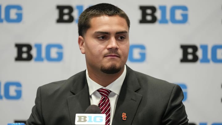 Jul 24, 2025; Las Vegas, NV, USA; USC offensive lineman Elijah Paige speaks to the media during the Big Ten NCAA college football media days at Mandalay Bay Resort. Mandatory Credit: Lucas Peltier-Imagn Images