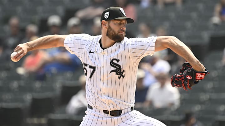 Chicago White Sox pitcher Adrian Houser (57) throws against the Kansas City Royals at Rate Field. Chicago White Sox pitcher Adrian Houser (57) throws against the Kansas City Royals at Rate Field.