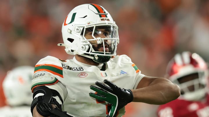 Miami Hurricanes defensive lineman Akheem Mesidor (3) celebrates after a sack against the Indiana Hoosiers Miami Hurricanes defensive lineman Akheem Mesidor (3) celebrates after a sack against the Indiana Hoosiers