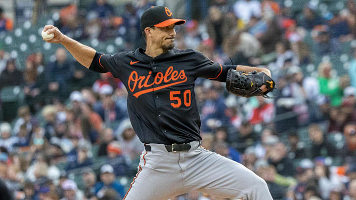 Apr 26, 2025; Detroit, Michigan, USA; Baltimore Orioles pitcher Charlie Morton (50) delivers in the second inning against the Detroit Tigers during game two of a double header at Comerica Park. 
