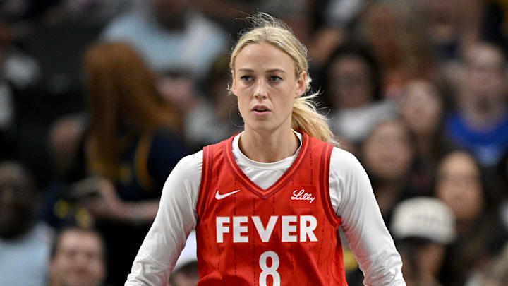 Jun 27, 2025; Dallas, Texas, USA; Indiana Fever guard Sophie Cunningham (8) during the game between the Dallas Wings and the Indiana Fever at the American Airlines Center. Mandatory Credit: Jerome Miron-Imagn Images
