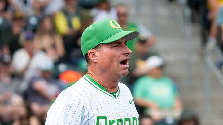 Oregon coach Mark Wasikowski comes out from the dugout to dispute a call as the Oregon Ducks host the Washington Huskies on May 10, 2025, at PK Park in Eugene.