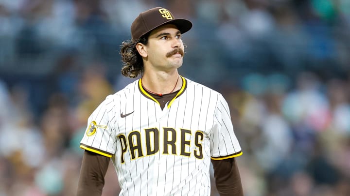 Sep 13, 2025; San Diego, California, USA; San Diego Padres starting pitcher Dylan Cease (84) reacts after walking a batter during the fourth inning against the Colorado Rockies at Petco Park. Mandatory Credit: David Frerker-Imagn Images