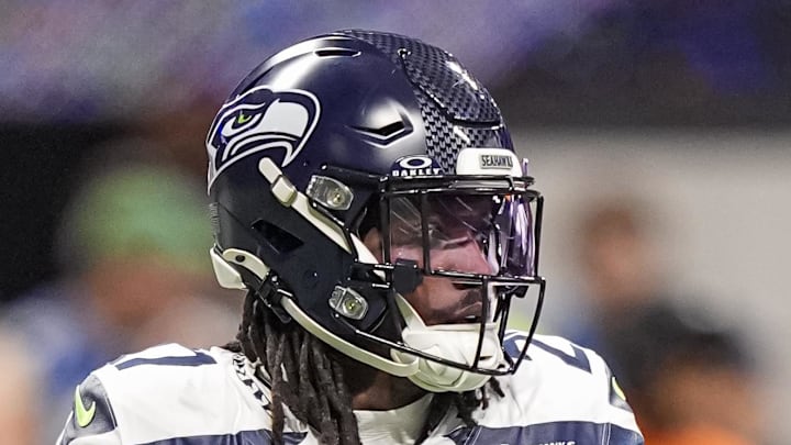 Seattle Seahawks cornerback Riq Woolen on the field against the Atlanta Falcons.