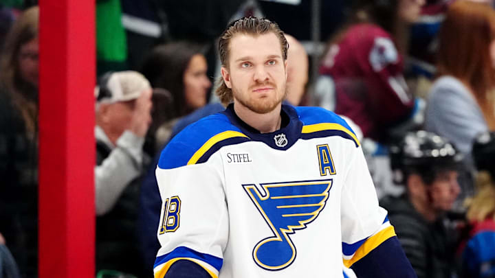 Mar 29, 2025; Denver, Colorado, USA; St. Louis Blues center Robert Thomas (18) before the game against the Colorado Avalanche at Ball Arena. Mandatory Credit: Ron Chenoy-Imagn Images Mar 29, 2025; Denver, Colorado, USA; St. Louis Blues center Robert Thomas (18) before the game against the Colorado Avalanche at Ball Arena. Mandatory Credit: Ron Chenoy-Imagn Images