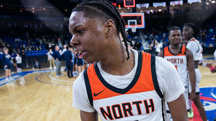 North's Amir Jenkins celebrates after the Polar Bears defeated Franklin, 59-53, during the D1 basketball state championship at the Tsongas Center in Lowell on Sunday. North's Amir Jenkins celebrates after the Polar Bears defeated Franklin, 59-53, during the D1 basketball state championship at the Tsongas Center in Lowell on Sunday.