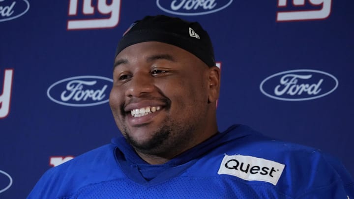 Nov 8, 2024; Munich, Germany; New York Giants defensive tackle Dexter Lawrence II (97) during press conference at the FC Bayern Munchen training grounds at Sabener Strasse.  Mandatory Credit: Kirby Lee-Imagn Images