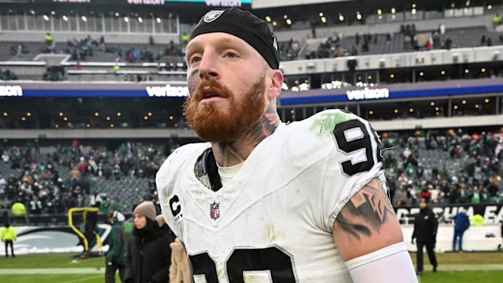 Dec 14, 2025; Philadelphia, Pennsylvania, USA; Las Vegas Raiders defensive end Maxx Crosby (98) on the field after loss to the Philadelphia Eagles at Lincoln Financial Field. Mandatory Credit: Eric Hartline-Imagn Images