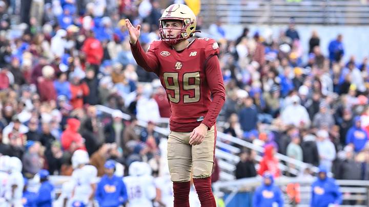 Oct 17, 2026; Chestnut Hill, MA, USA; Boston College Eagles kicker Luca Lombardo (99) lines up an extra point kick against the Pittsburgh Panthers during the second half at Alumni Stadium. Mandatory Credit: Eric Canha-Imagn Images