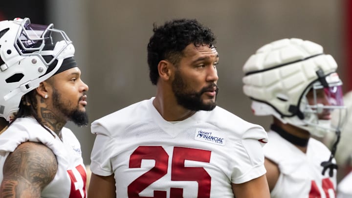 Jul 24, 2025; Glendale, AZ, USA; Arizona Cardinals linebacker Zaven Collins during training camp at State Farm Stadium. Mandatory Credit: Mark J. Rebilas-Imagn Images