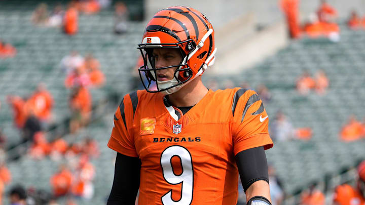 Cincinnati Bengals quarterback Joe Burrow (9) takes the field for the Bengals home opener against the New England Patriots at Paycor Stadium Sunday, September 8, 2024.