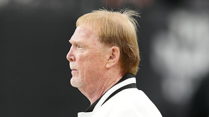 Jan 4, 2026; Paradise, Nevada, USA; Las Vegas Raiders owner Mark Davis observes warm ups before the start of a game against the Kansas City Chiefs at Allegiant Stadium. Mandatory Credit: Stephen R. Sylvanie-Imagn Images