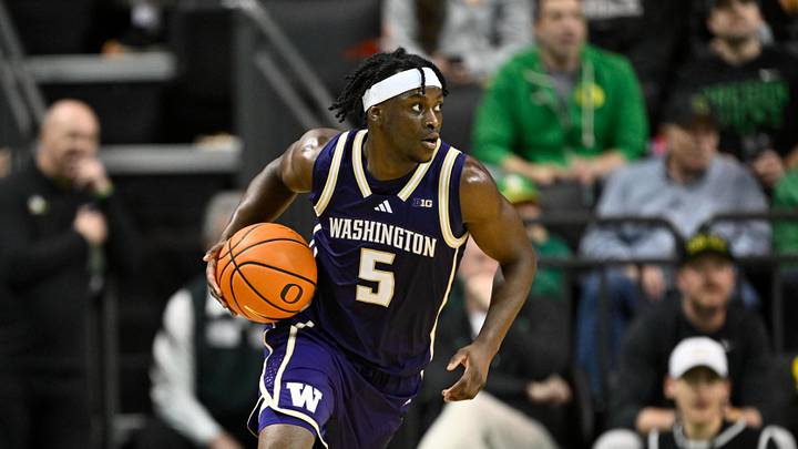 Mar 7, 2026; Eugene, Oregon, USA; Washington Huskies guard Zoom Diallo (5) drives with the ball during the second half against the Oregon Ducks at Matthew Knight Arena. Mandatory Credit: Craig Strobeck-Imagn Images