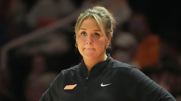 Tennessee basketball coach Kim Caldwell during the NCAA college basketball game against South Carolina on Monday, Jan. 27, 2025, in Knoxville, Tenn.