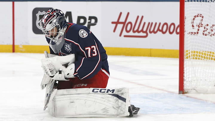 Feb 4, 2026; Columbus, Ohio, USA; Columbus Blue Jackets goalie Jet Greaves (73) makes a save against the Chicago Blackhawks during the first period at Nationwide Arena. Mandatory Credit: Russell LaBounty-Imagn Images