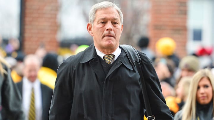 Nov 23, 2018; Iowa City, IA, USA; Iowa Hawkeyes head coach Kirk Ferentz enters Kinnick Stadium before a game against the Nebraska Cornhuskers. Mandatory Credit: Jeffrey Becker-Imagn Images
