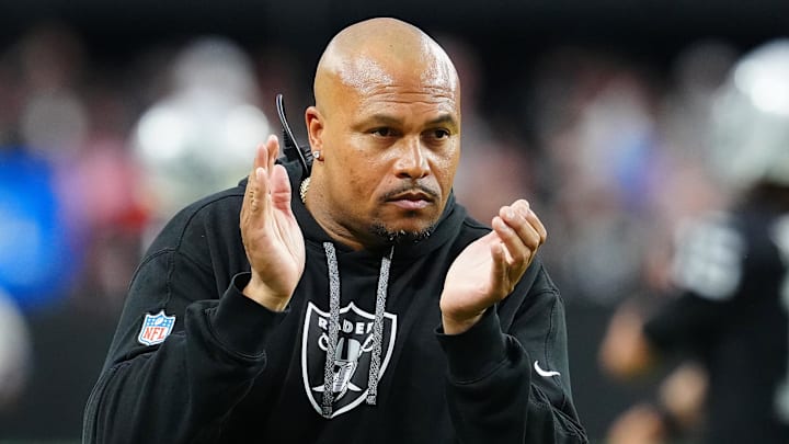 Sep 29, 2024; Paradise, Nevada, USA; Las Vegas Raiders head coach Antonio Pierce applauds the effort of his team against the Cleveland Browns during the third quarter at Allegiant Stadium. Mandatory Credit: Stephen R. Sylvanie-Imagn Images