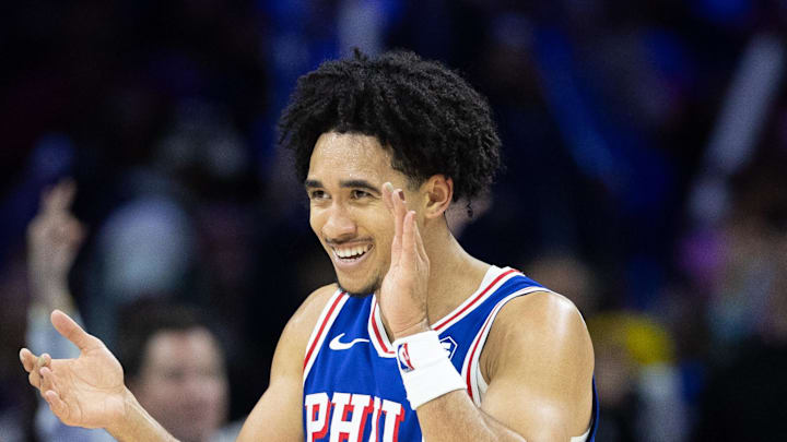 Nov 10, 2024; Philadelphia, Pennsylvania, USA; Philadelphia 76ers guard Jared McCain (20) reacts after scoring against the Charlotte Hornets during the third quarter at Wells Fargo Center. Mandatory Credit: Bill Streicher-Imagn Images Nov 10, 2024; Philadelphia, Pennsylvania, USA; Philadelphia 76ers guard Jared McCain (20) reacts after scoring against the Charlotte Hornets during the third quarter at Wells Fargo Center. Mandatory Credit: Bill Streicher-Imagn Images