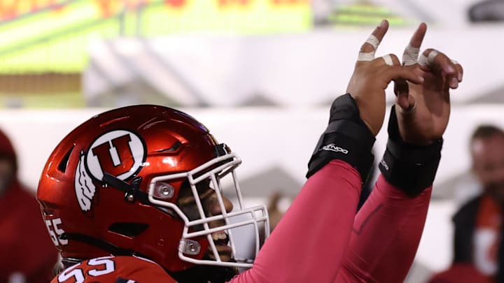 Oct 11, 2025; Salt Lake City, Utah, USA; Utah Utes offensive lineman Spencer Fano (55) celebrates a touchdown against the Arizona State Sun Devils during the third quarter at Rice-Eccles Stadium. Mandatory Credit: Rob Gray-Imagn Images