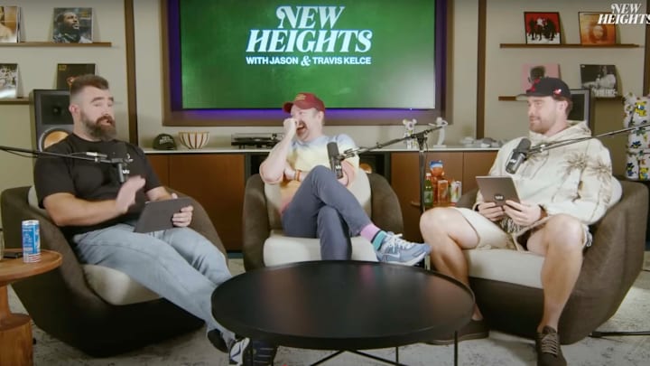 Jason Sudeikis, Travis Kelce, and Jason Kelce on 'New Heights.'