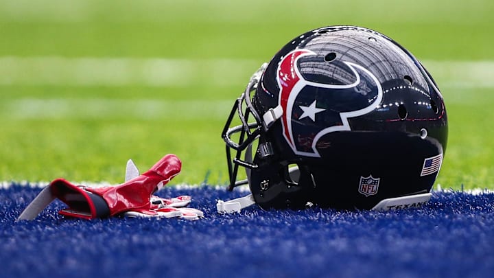 Sep 18, 2016; Houston, TX, USA; General view of a Houston Texans helmet and gloves before a game against the Kansas City Chiefs at NRG Stadium. Mandatory Credit: Troy Taormina-Imagn Images