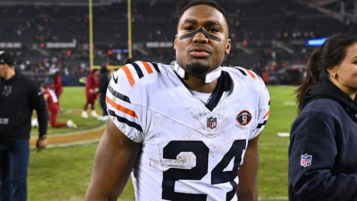 Dec 24, 2023; Chicago, Illinois, USA; Chicago Bears running back Khalil Herbert (24) walks off the