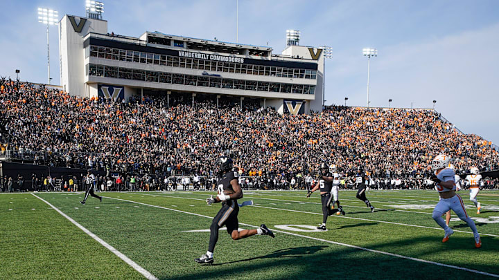 Vanderbilt wide receiver Junior Sherrill (0) runs back the opening kickoff for a touchdown against Tennessee during the first quarter at FirstBank Stadium in Nashville, Tenn., Saturday, Nov. 30, 2024.