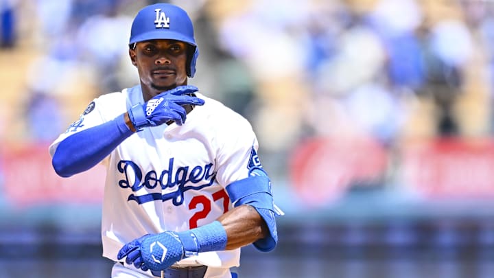 Jul 20, 2025; Los Angeles, California, USA; Los Angeles Dodgers outfielder Esteury Ruiz (27) rounds the bases after he hit a solo home run against the Milwaukee Brewers during the fifth inning at Dodger Stadium. Mandatory Credit: Jonathan Hui-Imagn Images