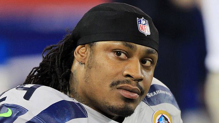 Dec 16, 2012; Toronto, Ontario, Canada; Seattle Seahawks running back Marshawn Lynch (24) on the bench against the Buffalo Bills during the second half at the Rogers Centre. Seahawks beat the Bills 50-17. Mandatory Credit: Kevin Hoffman-Imagn Images