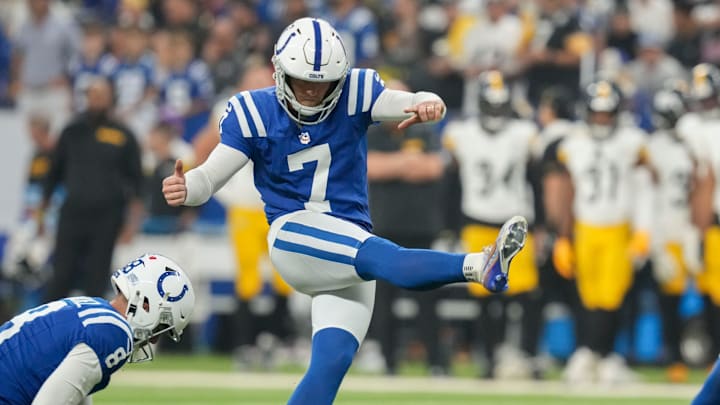 Indianapolis Colts place kicker Matt Gay kicks the ball.