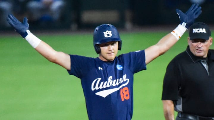 Auburn Tigers' Ike Irish (18) celebrates after hitting a double against the Central Connecticut State Blue Devils during the NCAA Regional Baseball Tournament at Plainsman Park in Auburn, Ala., on Friday May 30, 2025.