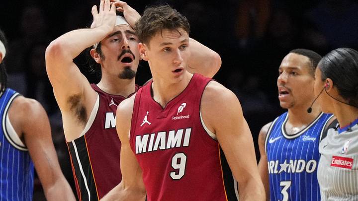 Miami Heat forward Jaime Jaquez Jr. (11) reacts (Mandatory Credit: Jim Rassol-Imagn Images)