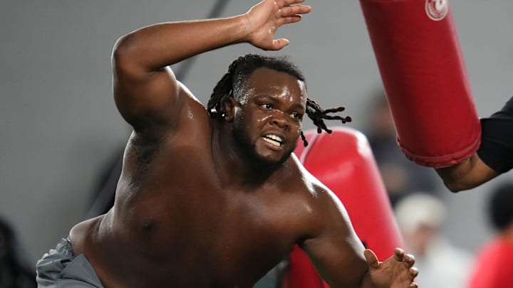 Ohio State Buckeyes defensive tackle Kayden McDonald runs a drill during Pro Day for NFL scouts at the Woody Hayes Athletics Center on March 25, 2026. Ohio State Buckeyes defensive tackle Kayden McDonald runs a drill during Pro Day for NFL scouts at the Woody Hayes Athletics Center on March 25, 2026.